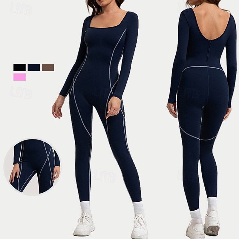 Women's Workout Jumpsuit One Piece Romper Fall Backless Solid Color Bodysuit Black Pink Spandex Gym Pilates Yoga Tummy Control Long Sleeve Sport Activewear Tight Fit