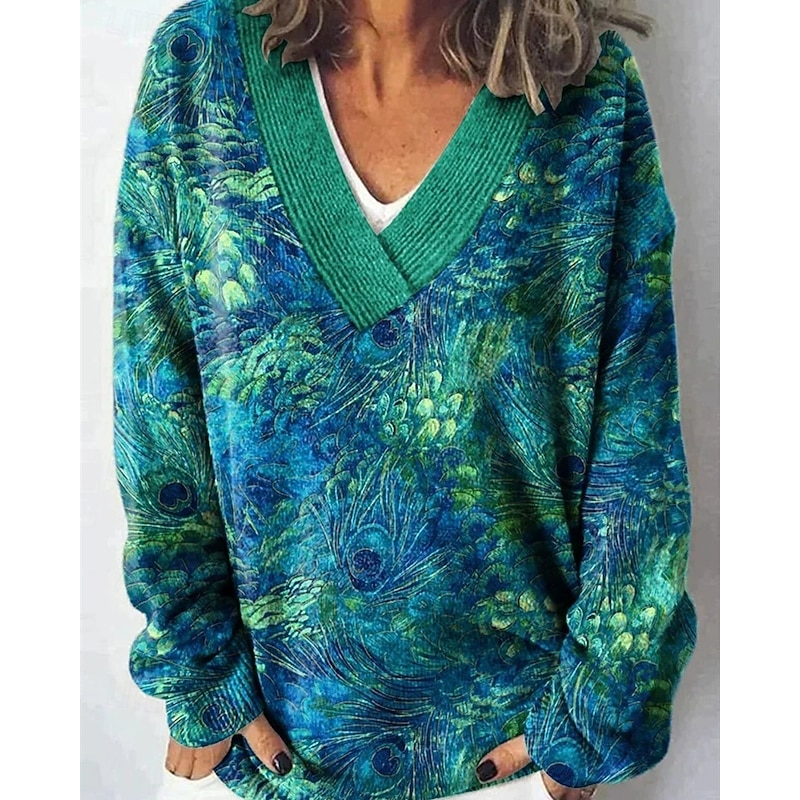 Women's Sweater Fashion Color Block Ribbed V Neck Knitted Long Sleeve Regular Tops Knit Holiday Going out Weekend Green Winter