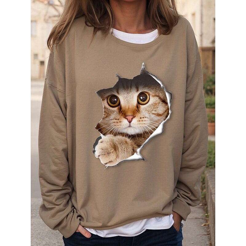 Women's Sweatshirts Graphic Cat Casual Long Sleeve Crew Neck Regular Tops Casual Print Black Pink Red Blue Khaki Fall Winter2