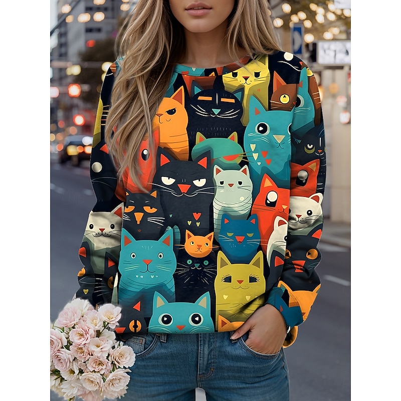 Women's Sweatshirts Graphic Animal Casual Long Sleeve Crew Neck Regular Tops Street Casual Holiday Print Black Yellow Light Green Green Spring Fall Winter