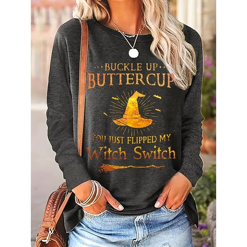 Halloween Women's T shirt Witch Graphic Letter Vintage Stylish Classic Long Sleeve Crew Neck Regular Tops Daily Print Black Blue Gray Spring Fall Winter