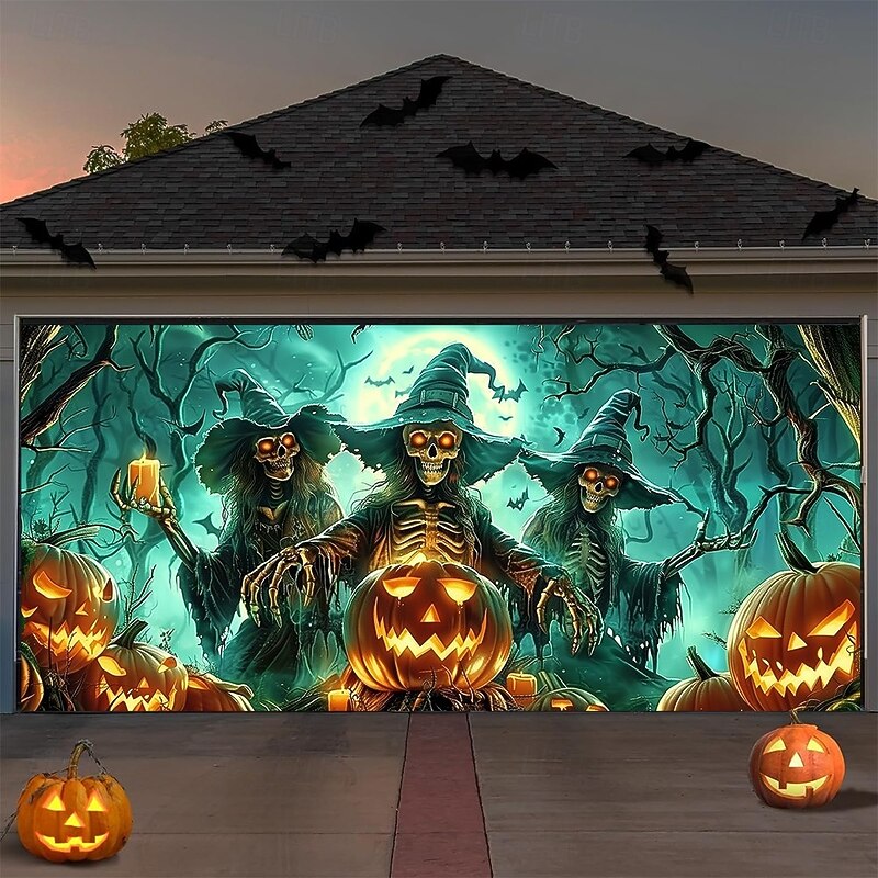 Halloween Garage Door Cover Skeleton Witches Banner with Glowing Pumpkin Lanterns Haunted Forest Moonlight Backdrop Tapestry for Spooky Outdoor Decoration