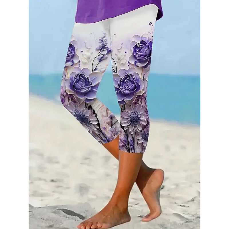 Women's Leggings Vacation Vintage Fashion Capris High Waist Floral Graphic Printing Soft Breathable Stretchy Formal Vacation Office White Purple Summer Spring Slim Fit4