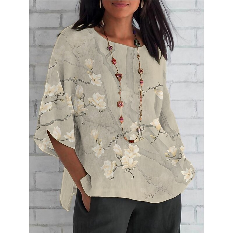 Women's Shirt Floral Daily Casual 3/4 Length Sleeve Crew Neck Regular Tops Daily Holiday Print Beige Gray Summer Spring Fall3