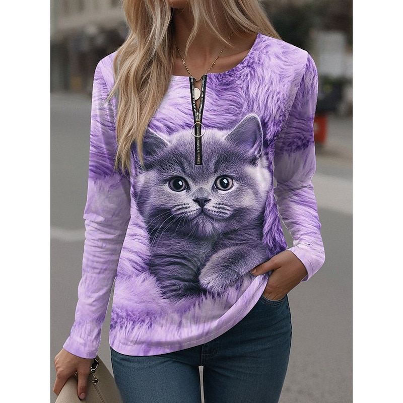Women's T Shirt Graphic Animal Vintage Stylish Casual Long Sleeve Round Neck Regular Tops Daily Weekend Zipper Print Yellow Pink Blue Purple Spring Fall Winter3
