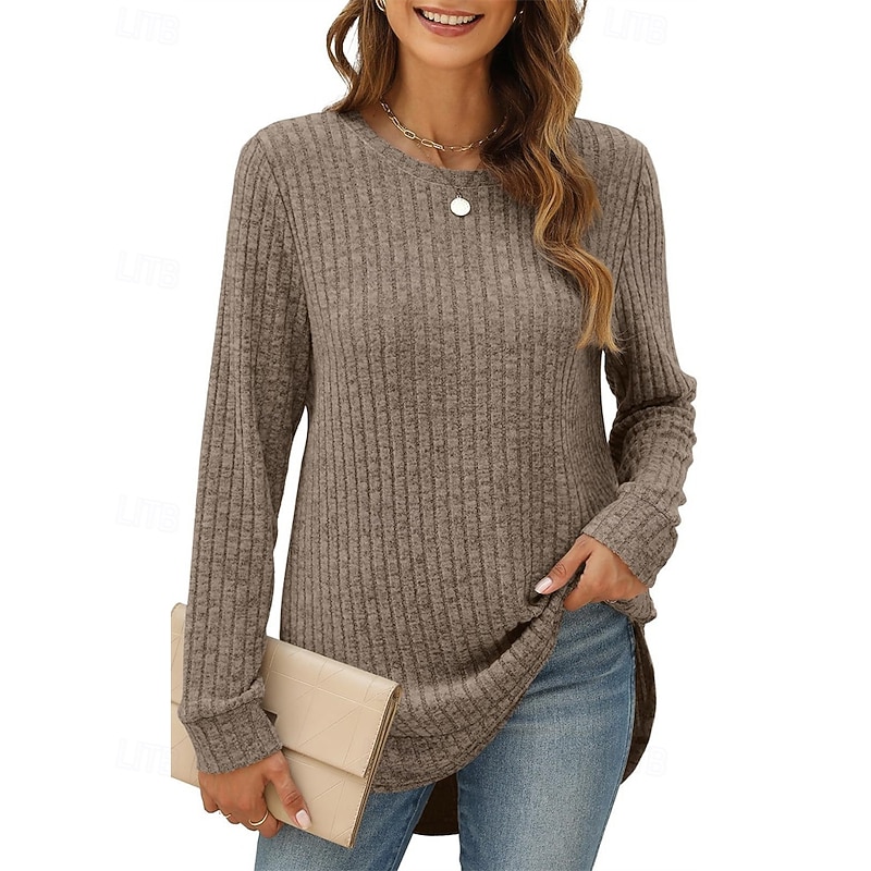 Women's Texture Blouse T Shirt Tee Top Plain Fashion Modern Long Sleeve Crew Neck Regular Tops Daily Going out Asymmetrical Black Wine Fuchsia Brown Green Spring Fall2