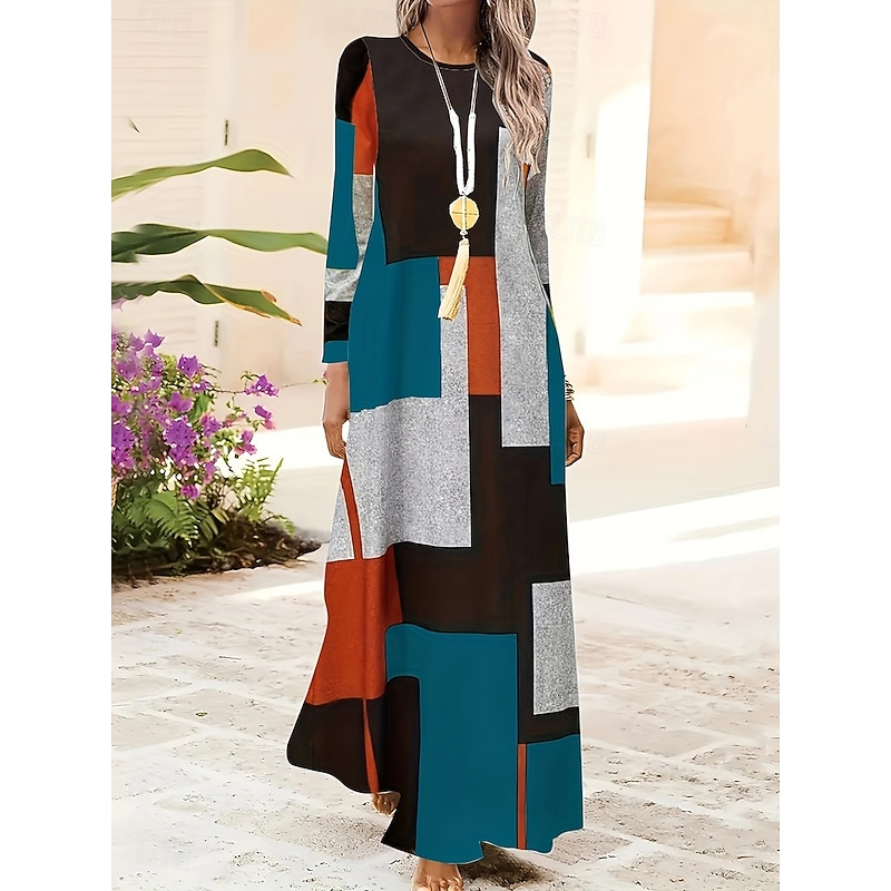 Women's Maxi Dress A Line Dress Summer Dress Vacation Casual Daily Regular Fit Graphic Geometric Abstract Long Sleeve Crew Neck Yellow Blue Spring Fall Winter2
