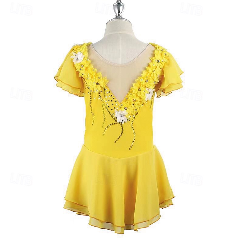 Figure Skating Dress Women's Girls' Ice Skating Dress Yellow Patchwork Open Back Mesh Spandex Stretchy Training Practice Professional Skating Wear Thermal Warm Crystal / Rhinestone Short Sleeve Ice2