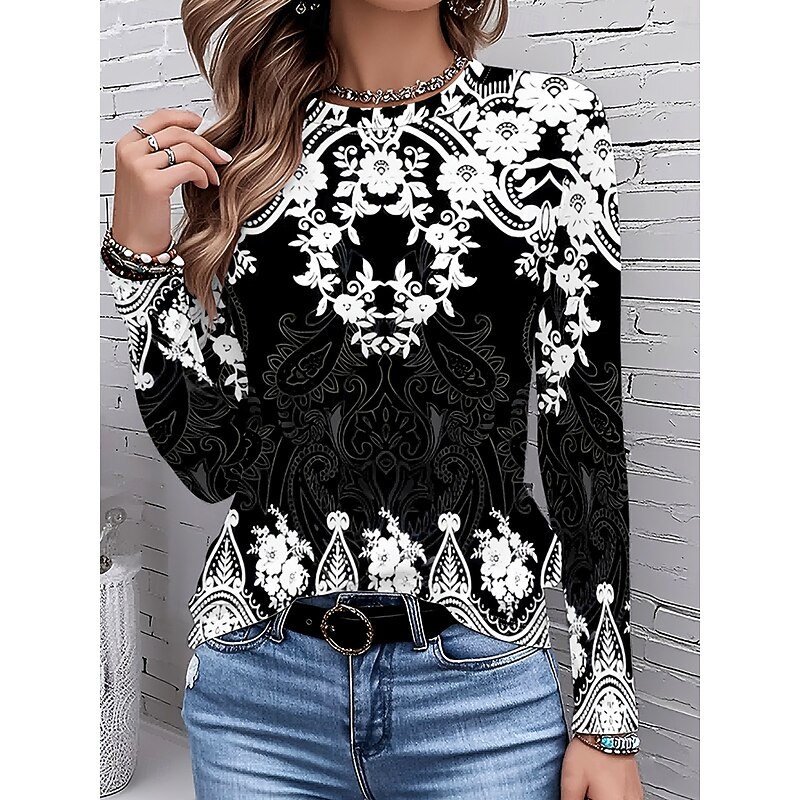 Women's T Shirt Graphic Geometric Tribal Vintage Stylish Classic Long Sleeve Crew Neck Round Neck Regular Tops Daily Print Black and White Spring Fall Winter2