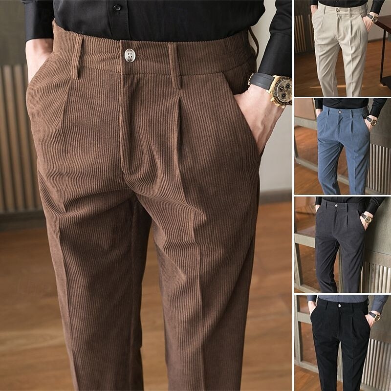 Men's Dress Pants Corduroy Pants Trousers Chinos Pocket Buttons Plain Comfort Formal Party Work Fashion Classic Style Black Blue Micro-elastic