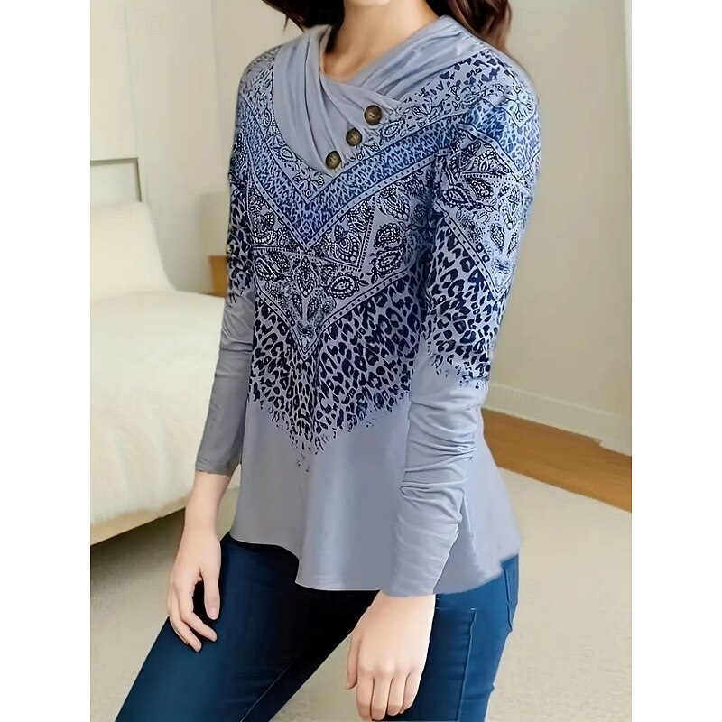 Women's T Shirt Graphic Striped Vintage Stylish Casual Long Sleeve V Neck Regular Tops Daily Weekend Buttons Print Light Green Blue Green Gray Fall Winter3