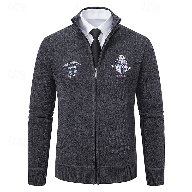 Men's Sweater Dress Sweater Cardigan Sweater Zip Sweater Knit Sweater Ribbed Knit Regular Tops Knitted Ribbed Plain Stand Collar Fashion Shawls Casual Daily Wear Clothing Apparel Spring Fall Black2