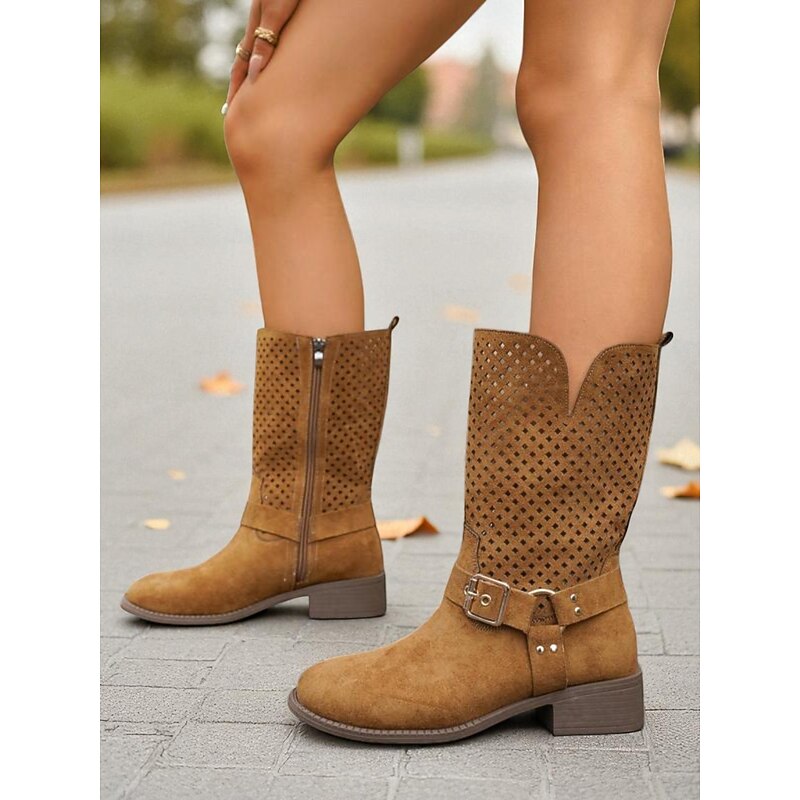 Women's Brown Faux Suede Mid Calf Boots with Cutout Design and Buckle Strap – Casual Western Style Boots for Fall, Outdoor and Streetwear2