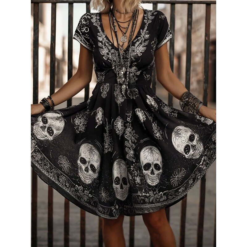 Halloween Women's Skulls Print Mini Dress Casual Dress T Shirt Dress Tee Dress Sundress A Line Dress Vacation Casual Boho Beach  Graphic Skull Short Sleeve V Neck White Pink Blue Purple Spring
