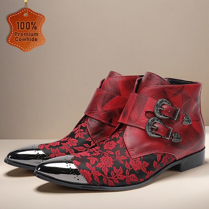 Men's Red Jacquard Double Monk Strap Boots – Gothic Baroque Style Leather Boots for Cosplay, Costume Parties and Nightlife Events