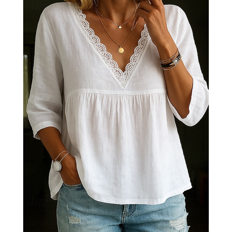 Women's Shirt Blouse Plain Modern Casual Long Sleeve V Neck Regular Tops Daily Going out Patchwork White Yellow Green Light Blue Fall