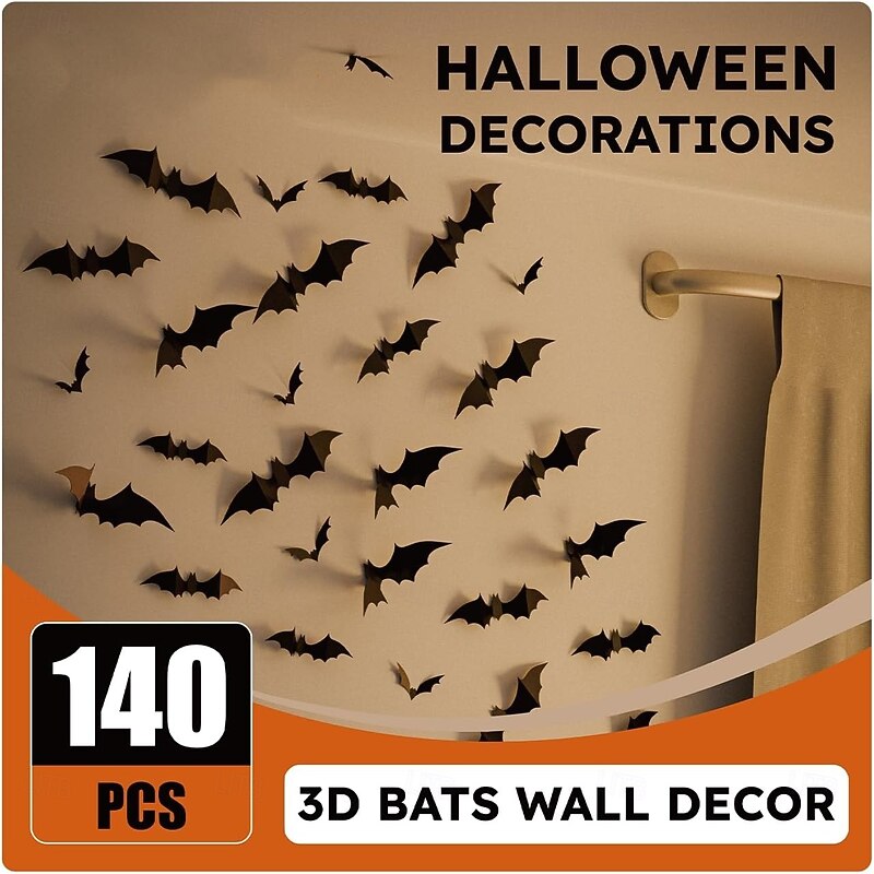 140Pcs Halloween 3D Bats Wall Decor, Spooky Halloween Party Supplies Stickers, Bat Wall Decal, Cute Halloween Decor Indoor for Bedroom, Bathroom, Home, Door, Window, Office