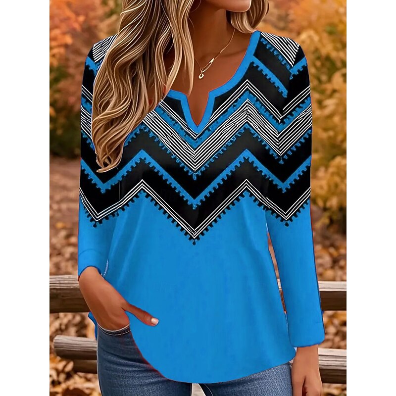 Women's T Shirt Graphic Geometric Vintage Stylish Classic Long Sleeve Notched Neck Regular Tops Daily Print Red Blue Orange Gray Spring Fall2