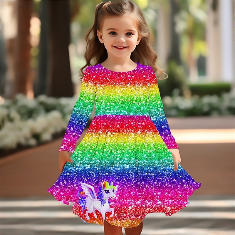 Girls' 3D Rainbow Unicorn Dress Long Sleeve Summer Spring Vacation Daily Holiday Princess Beautiful Sweet Kids 4-12 Years Casual Dress A Line Dress Knee-length Regular Fit2