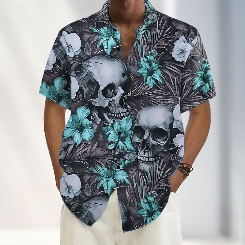 Men's Day of the Dead Skulls Flowers Shirt Summer Shirt Button Up Shirt Short Sleeve Dark Gothic Style Holiday Summer Spring Turndown 3D Print Collared Shirts Front One Pocket Yellow Pink Blue4
