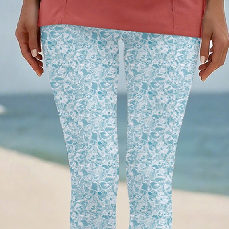 Women's Pants Trousers Leggings Cozy Leggings Streetwear Casual Full Length High Waist Pattern Elastic Waist Print Breathability Comfortable Stretchy Vacation Street Daily Wear Light Blue Summer2