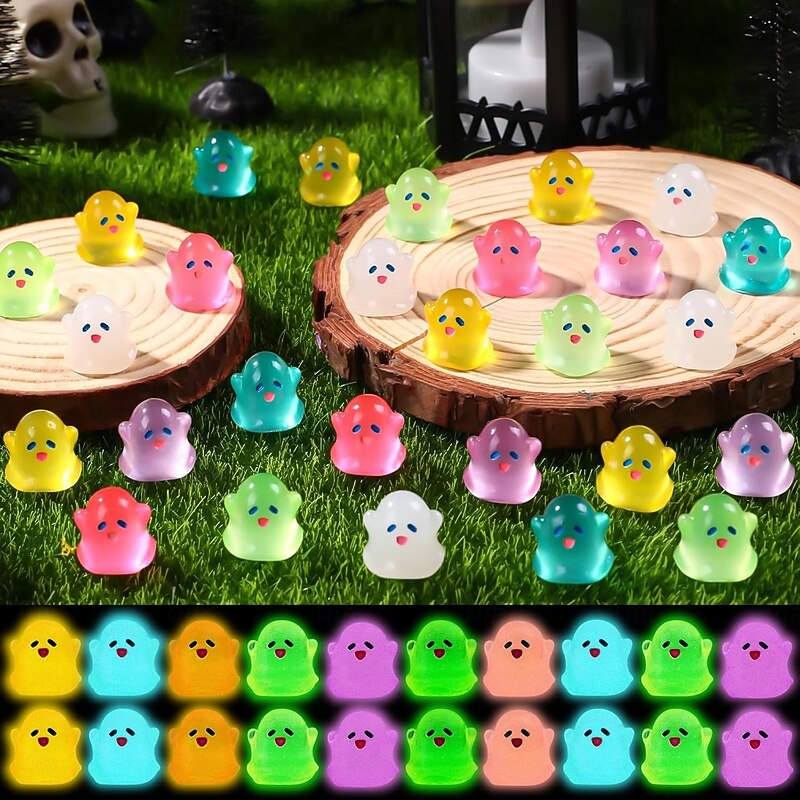 70 pcs Halloween Mini Resin Cute Ghost Decoration Statues Night Light Cute Miniature Cute Ghost Decoration Statues Halloween Miniature Landscape Accessories