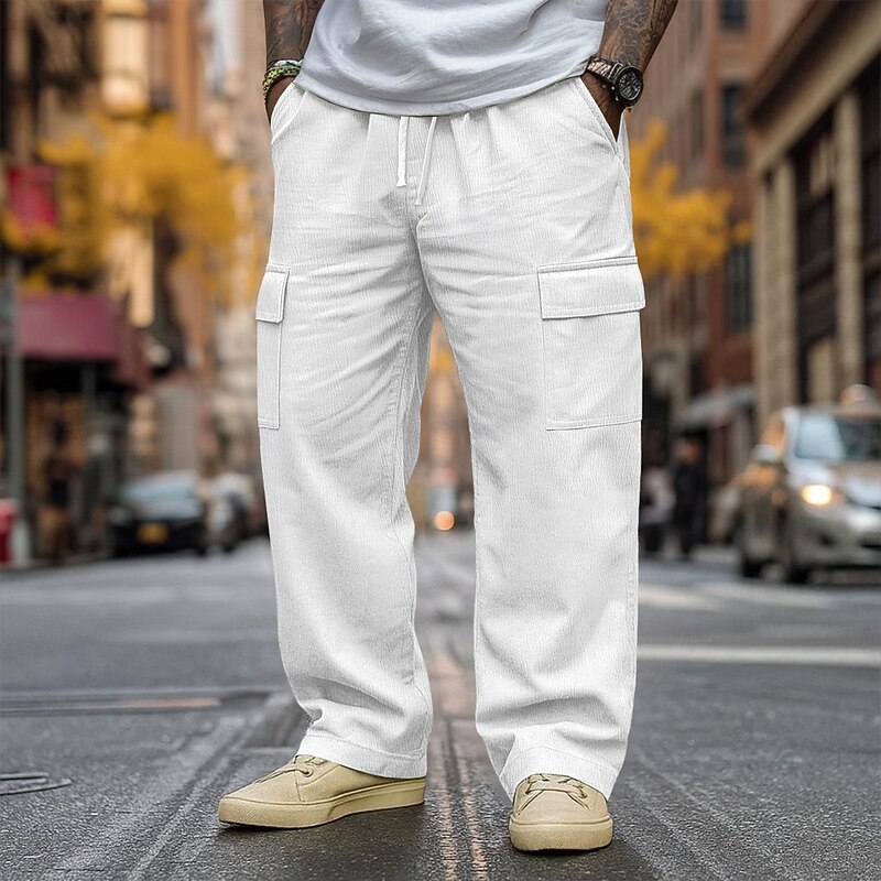Men's Linen Pants Trousers Baggy Pants Drawstring Elastic Waist Straight Leg Plain Comfort Breathable Full Length Outdoor Casual Daily Vacation Fashion Black White Inelastic2