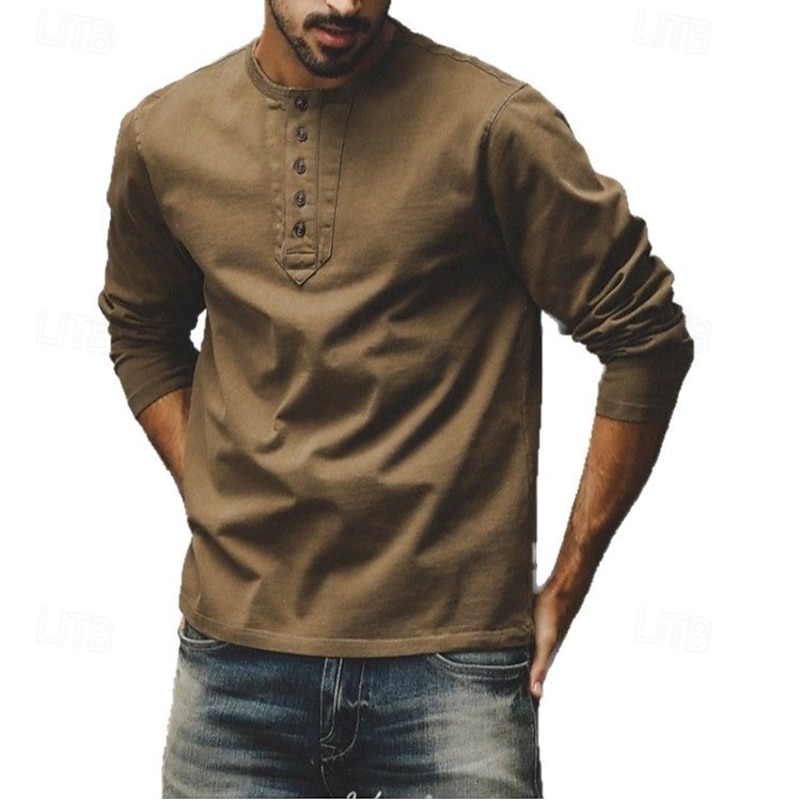 Men's Henley Shirt Vintage Shirt Long Sleeve Retro Vintage Vintage Style Washed Henley Casual Spring &  Fall Dark Brown Gray Henley T-Shirt