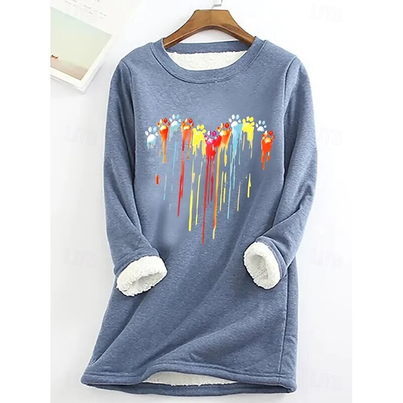 Women's Dog Paw Heart Casual Fluff Fleece Pullover Sweatshirt Graphic Letter Casual Long Sleeve Crew Neck Long Tops Street  Print Black Pink Blue Gray Fall Winter3