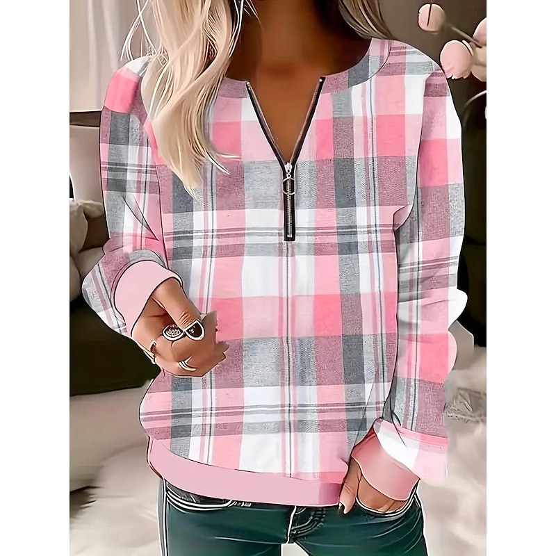 Women's Pullover Sweatshirt Zip Up Sweatshirts Graphic Geometric Plaid Fashion Casual Long Sleeve Crew Neck Regular Tops Street Dailywear Zipper Print Pink Blue Purple Green Gray Fall Winter