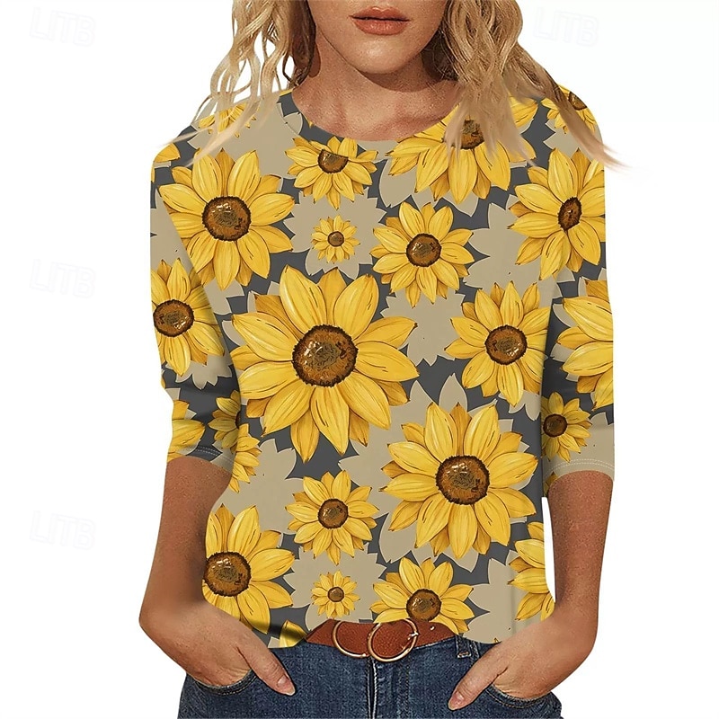 Women's T Shirt Graphic Sunflower Casual Short Sleeve Crew Neck Regular Tops Daily Going out Weekend Print Black White Yellow Orange Fall4