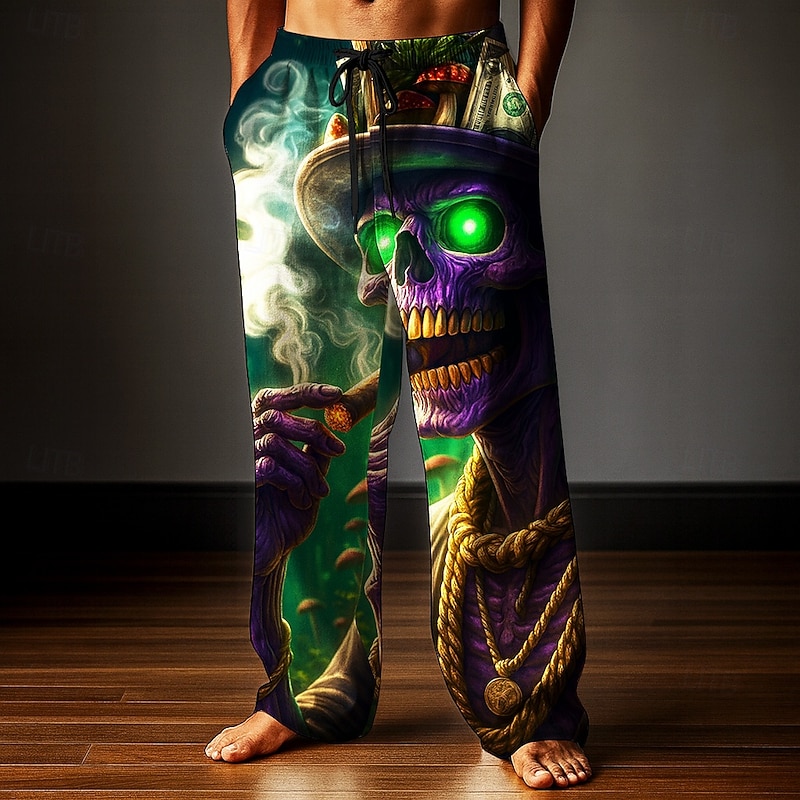 Halloween Men's Skull Smoke Halloween Costumes Trousers Baggy Pants Casual Pants Mid Waist Dark Gothic Style Holiday Elastic Drawstring Waist Linen-Like Pants with Pockets Spring Fall 3D Print Dark