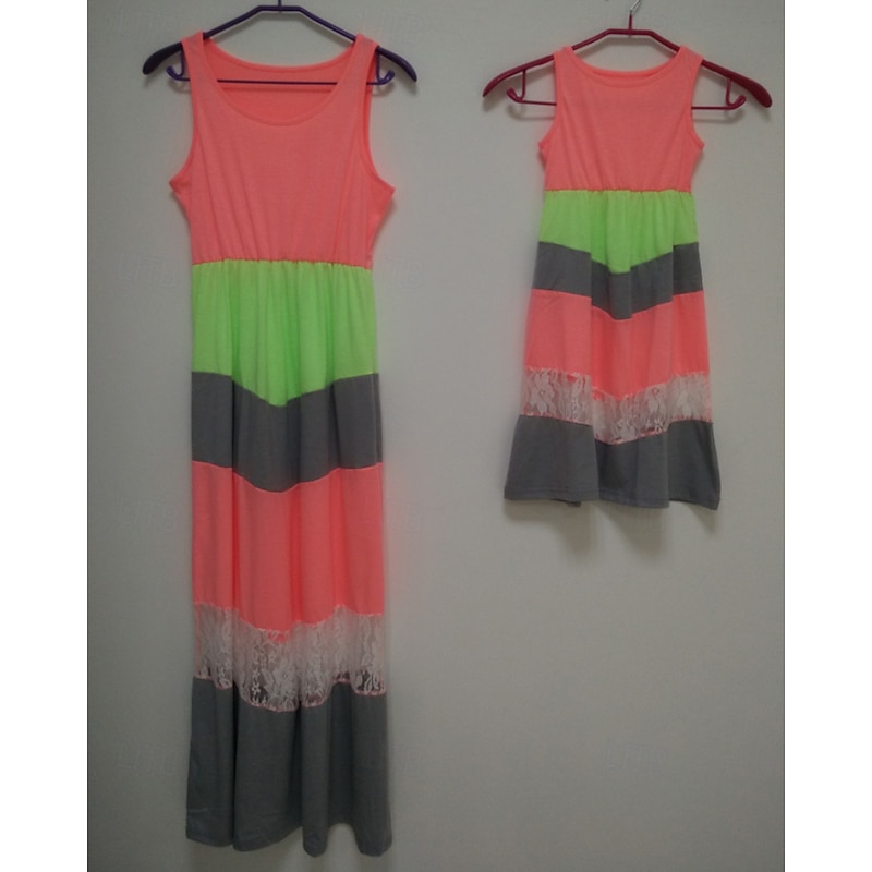 Mommy and Me Dresses Striped Street Patchwork Yellow Sleeveless Maxi Tank Dress Active Matching Outfits2