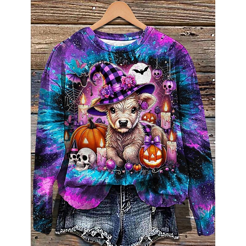 Halloween Women's Pullover Sweatshirt Ghost Graphic Fashion Casual Long Sleeve Crew Neck Regular Tops Street Dailywear Casual Print Black Yellow Purple Orange Fall Winter2