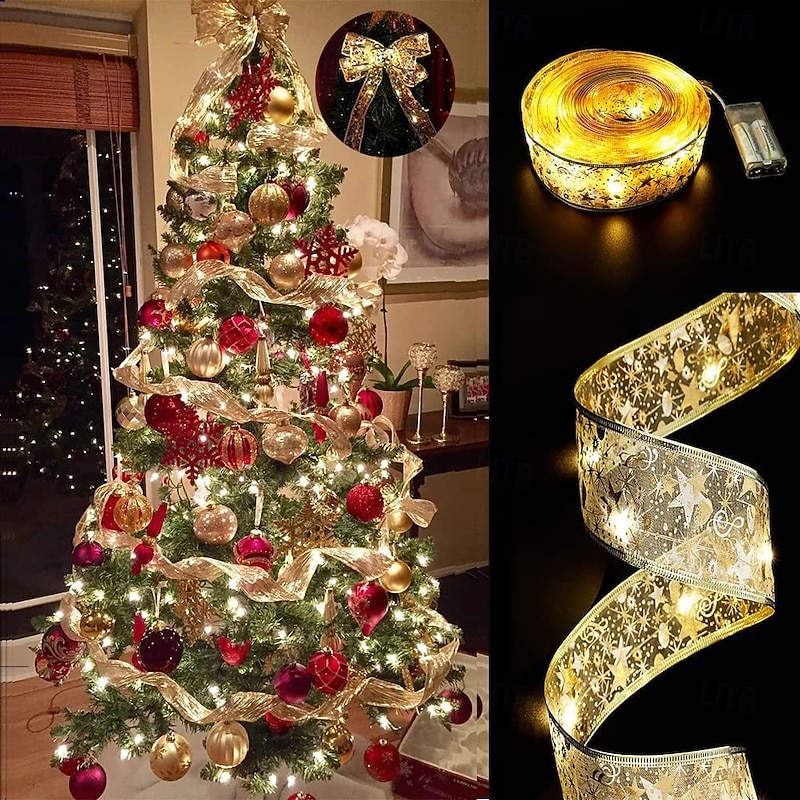Christmas Ribbon Fairy Lights 16/33Ft 100 LED String Lights Battery Operated 2In Gold Foil Ribbon with Warm White Twinkle Firefly Lights Indoor Starry Holiday Decoration for Christmas Tree