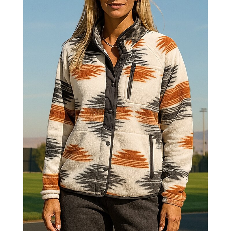 Women's Fleece Jacket outdoor coat Boho with Pockets Long Sleeve Top Athleisure Fall Patchwork Windproof Fashion Warm Outdoor Travel Sportswear Activewear Blue Orange Green