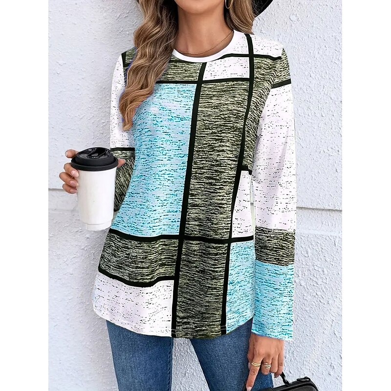 Women's T Shirt Graphic Geometric Vintage Stylish Classic Long Sleeve Crew Neck Round Neck Regular Tops Daily Print Pink Blue Purple Green Spring Fall3
