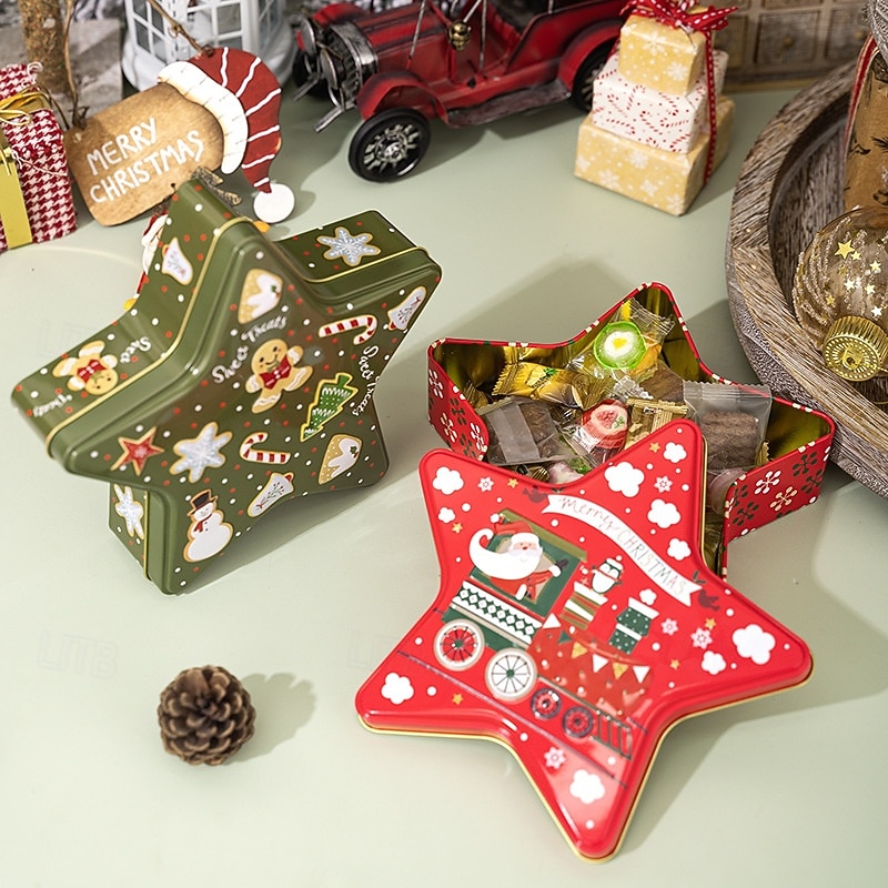 Christmas Cookie Tins with Lids for Gift Giving Xmas Tin Containers Star Shaped Metal Storage Box Holiday Candy Chocolate Gift Packaging Box Festive Christmas Party Favor Accessory3