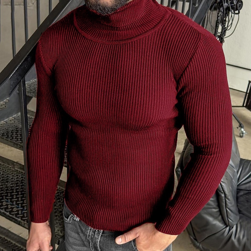 Men's Pullover Sweater Jumper Knit Sweater Ribbed Knit Regular Tops Knitted Plain Turtleneck Fashion Basic Vacation Daily Wear Clothing Apparel Fall Winter Wine Black M L XL4