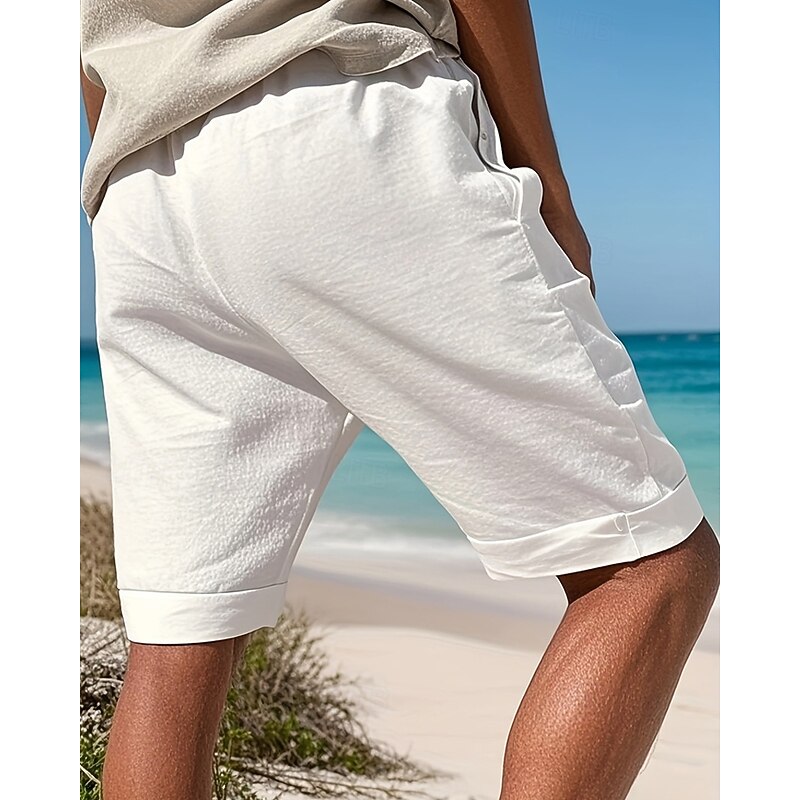 Men's Shorts Linen Shorts Summer Shorts Beach Shorts Drawstring Pocket Elastic Waist Plain Comfort Breathable Short Vacation Holiday Beach Hawaiian Boho Black White3