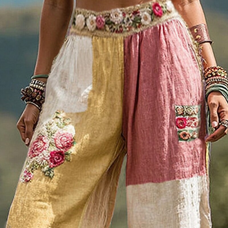 Women's Wide Leg Pants Trousers Palazzo Pants Vintage Boho Full Length High Waist Color Block Flower Elastic Waist Printing Breathability Comfortable Street Daily Wear Going out Pink Spring Fall2
