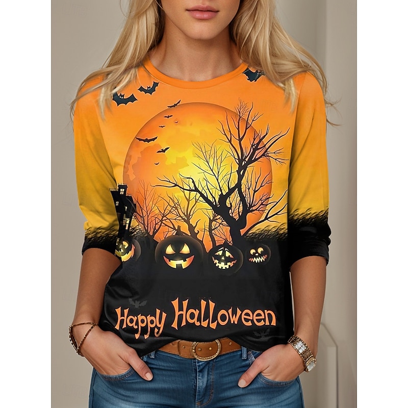 Halloween Women's T shirt Pumpkin Graphic Vintage Stylish Casual Long Sleeve Crew Neck Regular Tops Daily Print Black Blue Orange Fall Winter