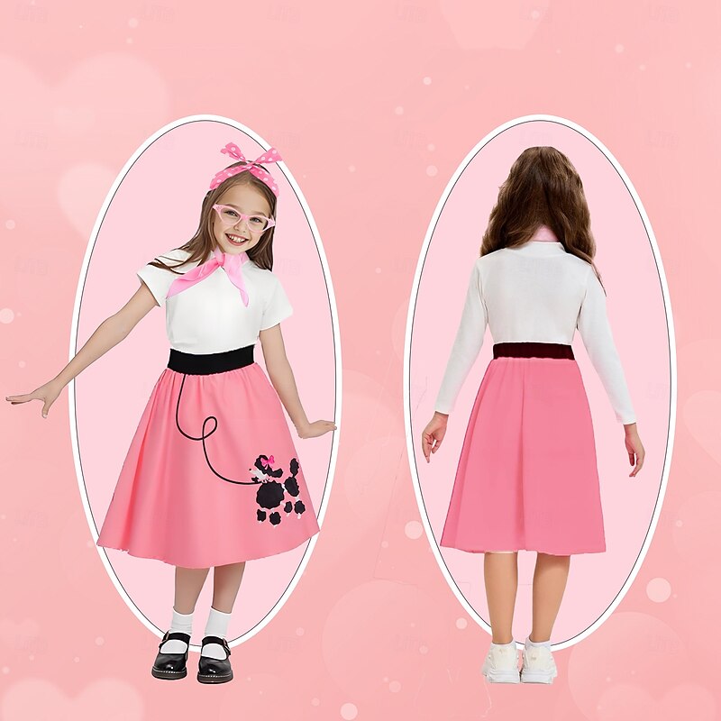 Retro Vintage 1950s Grease Outfits Dress Outfits Poodle Skirts Printing Fancy Dress Girls' Carnival Masquerade Performance Party Kid's Dress3