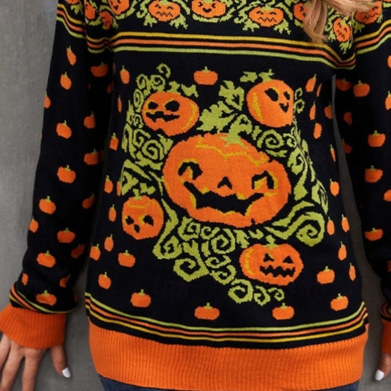 Women's Sweater Casual Pumpkin Ribbed Crew Neck Knitted Print Long Sleeve Regular Tops Knit Halloween Holiday Going out Orange Winter3