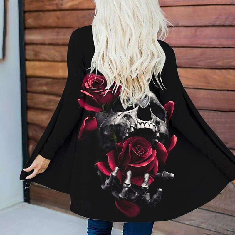 Halloween Women's Casual Jacket Warm Comfortable Skulls Irregular Hem Open Front Elegant Vintage Modern Floral Street Casual Athleisure Daily Long Collarless Long Sleeve Outerwear Gray Pink Black4