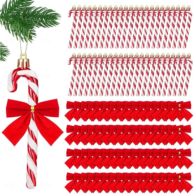 6pcs Christmas Candy Cane Hanging Ornaments with 12 Red Bows, Christmas Door Decorations, Tree Ornaments, Bells, Holiday Decor2