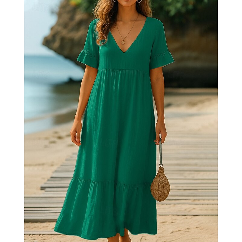 Women's Midi Dress Peplum Dresses Ruched Dress Fashion Modern Outdoor Going out Weekend Regular Fit Plain Short Sleeve V Neck White Blue Orange Green Fall3