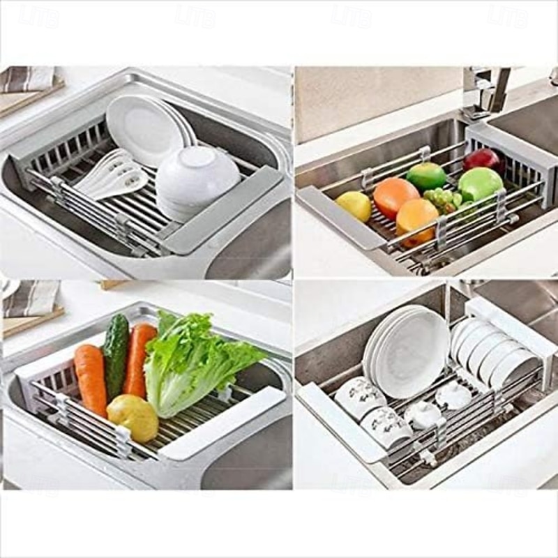 Stainless Steel Retractable Dish Drying Rack Expandable Kitchen Strainer Drain Draining Basket Over the Sink Adjustable Armrest, Washing Bowl Shelf for Vegetable and Fruit2