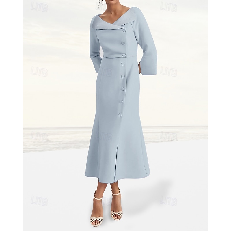 Tuxedo Dress Portrait Collar Mermaid / Trumpet Formal Satin Crepe Elegant Simple 3/4 Sleeve Pleated Tea Length V Neck