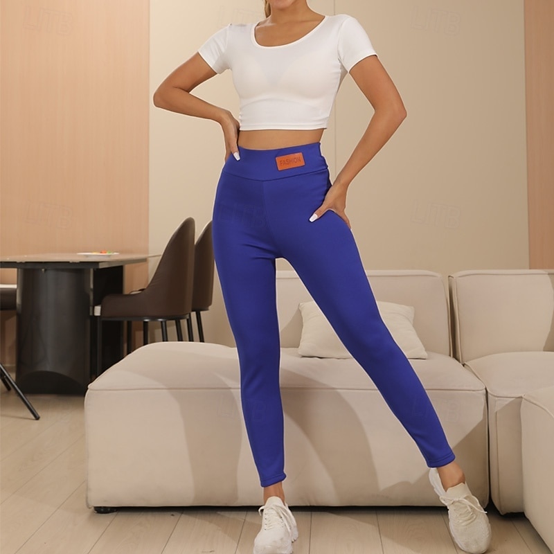 Winter Fleece-Lined Thickened High-Waisted Thermal Pants with Leather Label and Slim Fit